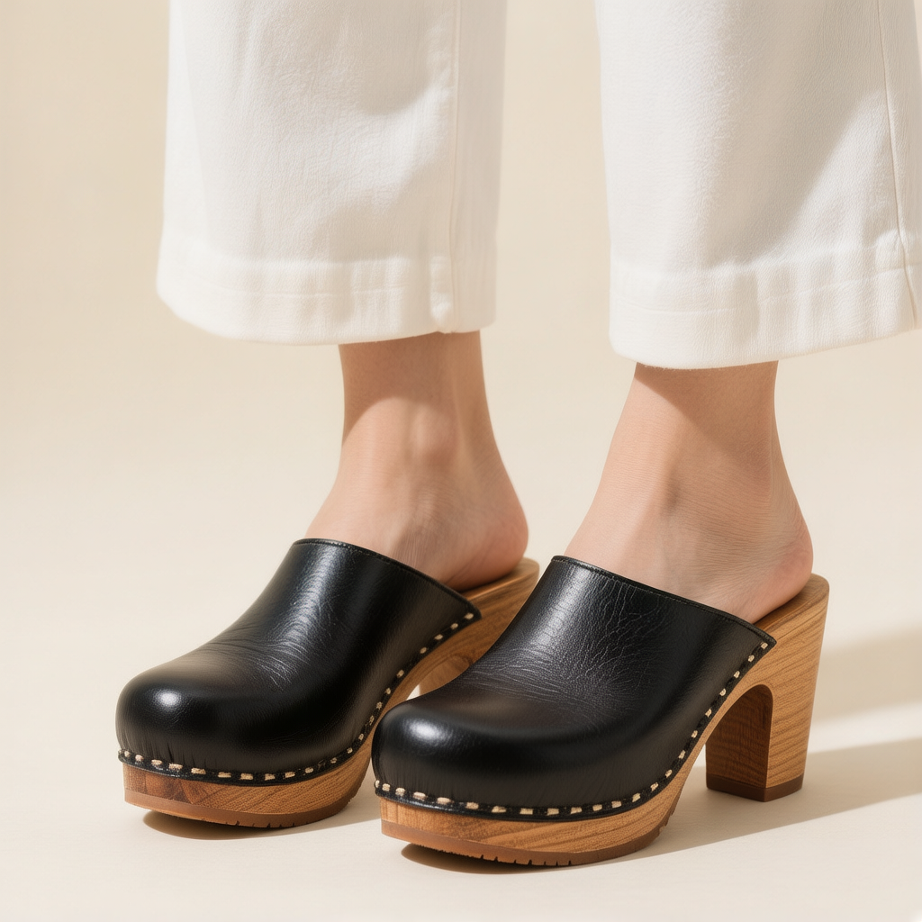 Black leather platform clog mule